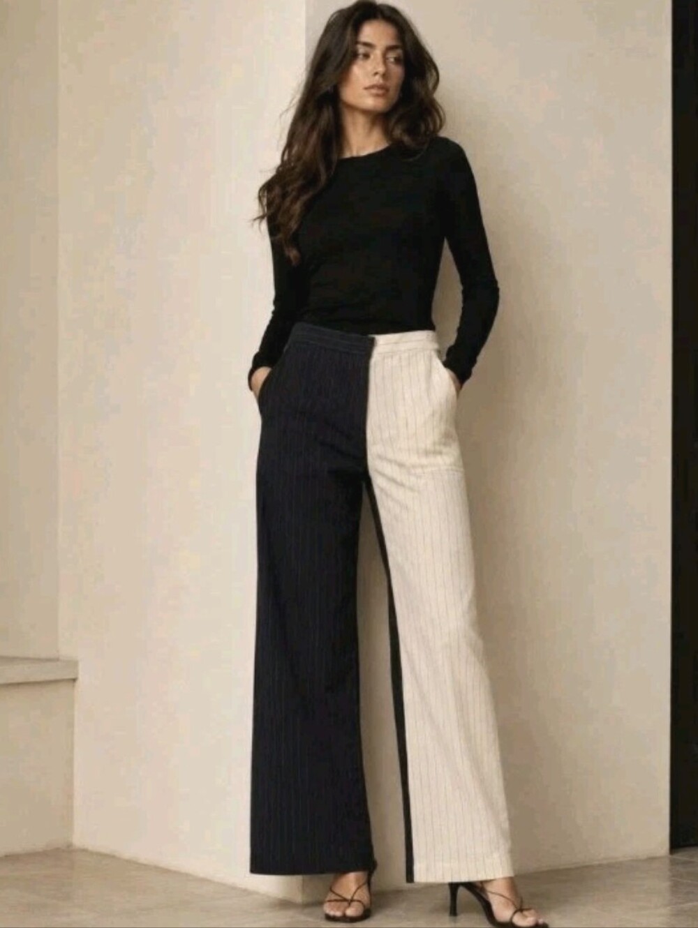 Off-White Virgil Abloh Pinstripe Wide Leg Trousers Split Black/Cream Women Sz 27